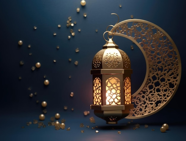 Ramadan background with a golden lantern and the moon