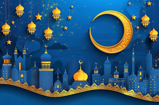 Ramadan background with golden mosque on moon shape