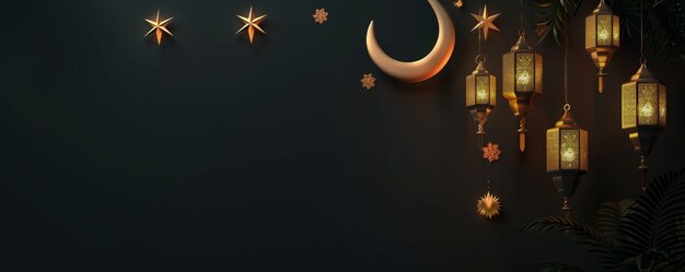 Photo ramadan background with lanterns palm leaf and crescent moon on black background space for text banner