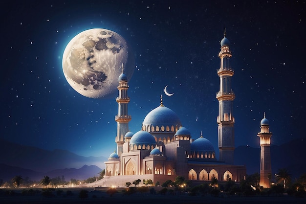 Ramadan background with mosque against a sunset sky amp moon