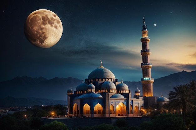 Ramadan background with mosque against a sunset sky amp moon