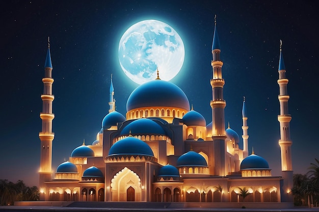 Ramadan background with mosque against a sunset sky amp moon