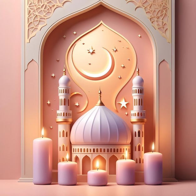 Ramadan background with mosque illuminated with candles