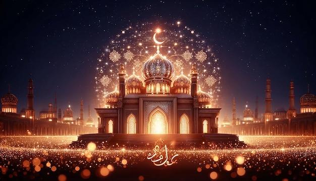 Ramadan background with mosque illuminated with lights