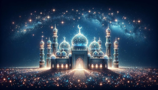 Ramadan background with mosque illuminated with lights