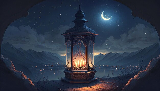 Ramadan Beginning Crescent moon on the background with a beautiful lamp illuminating the night Generative AI