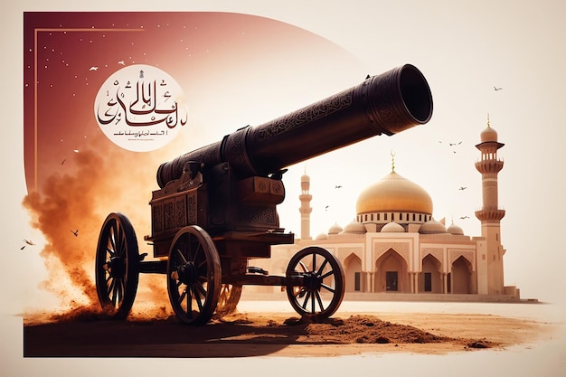 Ramadan Cannon flat vector on white background style with Arabic calligraphy text Translation is Ramadan Kareem silhouette mosque