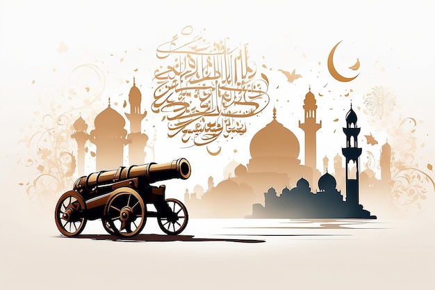 Ramadan Cannon flat vector on white background style with Arabic calligraphy text Translation is Ramadan Kareem silhouette mosque