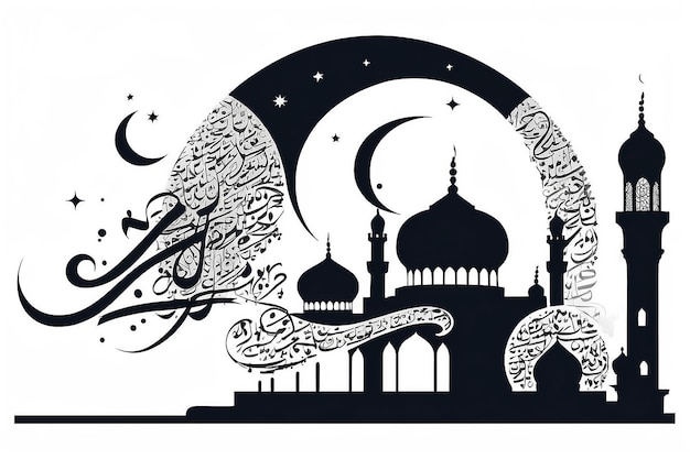 Ramadan Cannon flat vector on white background style with Arabic calligraphy text Translation is Ramadan Kareem silhouette mosque