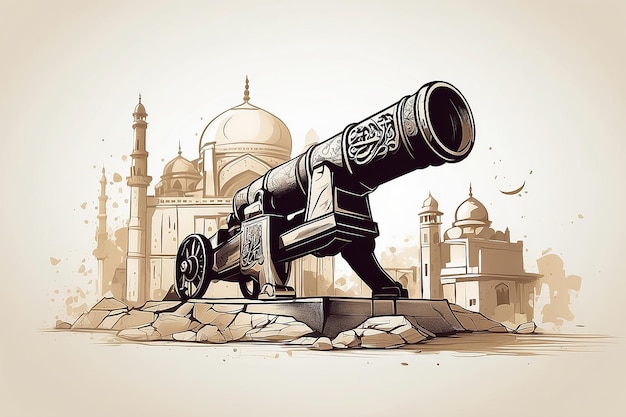 Ramadan Cannon flat vector on white background style with Arabic calligraphy text Translation is Ramadan Kareem silhouette mosque