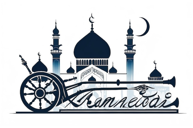 Ramadan Cannon flat vector on white background style with Arabic calligraphy text Translation is Ramadan Kareem silhouette mosque