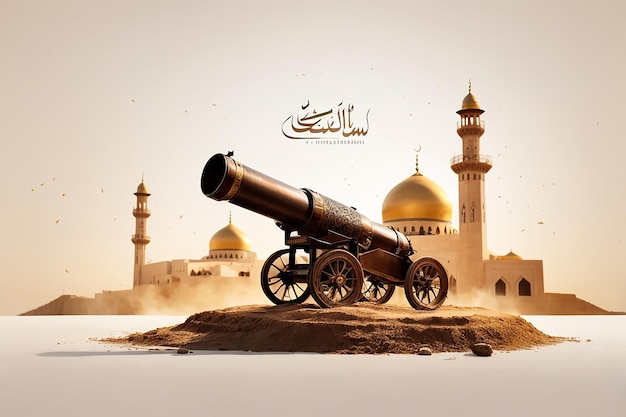 Ramadan Cannon flat vector on white background style with Arabic calligraphy text Translation is Ramadan Kareem silhouette mosque