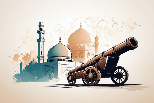 Ramadan Cannon flat vector on white background style with Arabic calligraphy text Translation is Ramadan Kareem silhouette mosque