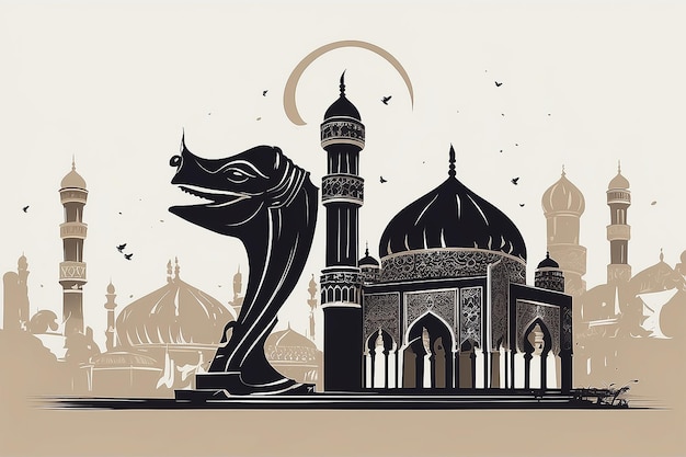 Ramadan Cannon flat vector on white background style with Arabic calligraphy text Translation is Ramadan Kareem silhouette mosque