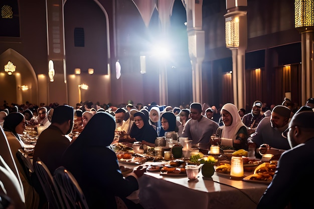 Ramadan Community Iftar Grand Gathering in a Spacious Hall People from Diverse Backgrounds Breaking