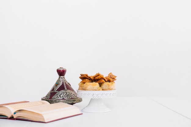 Ramadan composition with quran and arab food