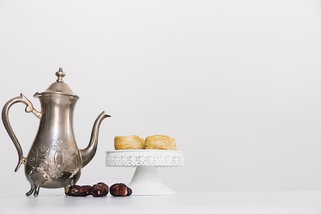 Ramadan composition with tea pot and arab food