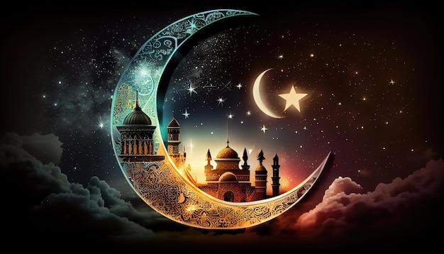 Ramadan concept background with bright crescent stars and glowing horizon