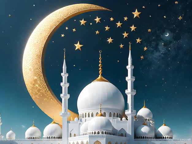 Ramadan Concept Miniature Mosque and Crescent Moon Decoration Background 3d Render