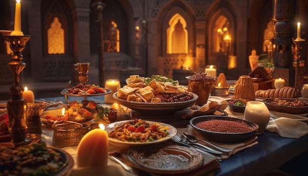 Ramadan delicious dishes for iftar party with various food and Islamic lantern candle