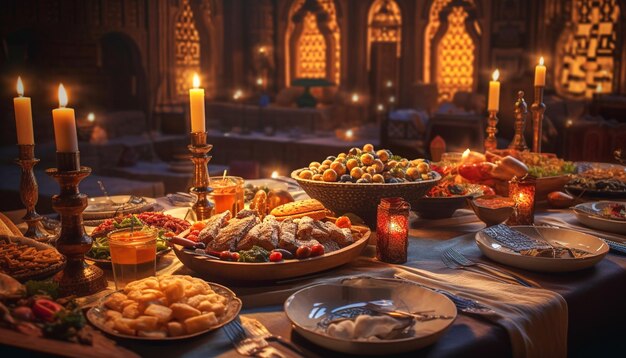 Ramadan delicious dishes for iftar party with various food and Islamic lantern