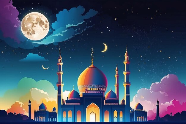 Photo ramadan eid mubarak islamic festival mosque moon clouds and night colorful background