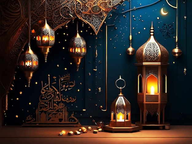 Ramadan amp Eid Mubarak Royal Elegant Lamp with Mosque Holy Gate with fireworks Generated by AI