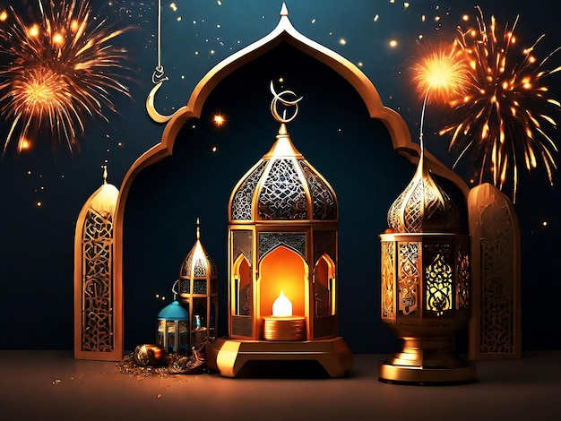 Ramadan amp Eid Mubarak Royal Elegant Lamp with Mosque Holy Gate with fireworks Generated by AI