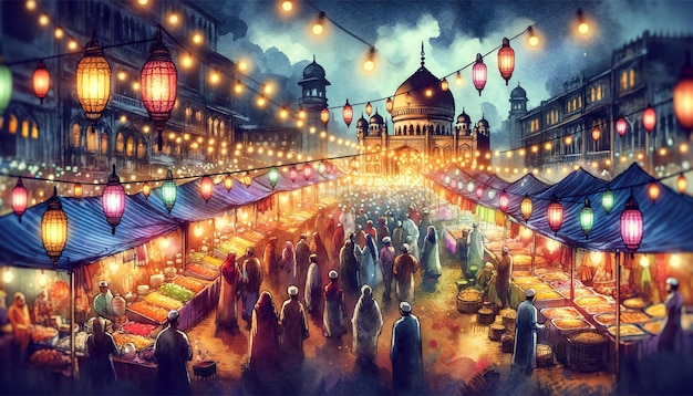 Ramadan Evening Bazaar Colorful Lanterns Over Traditional Food Stalls