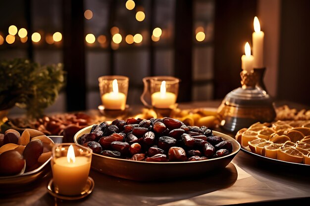 Ramadan Family Iftar A Beautifully Set Table with Dates and Traditional Delicacies Warm Candlelight