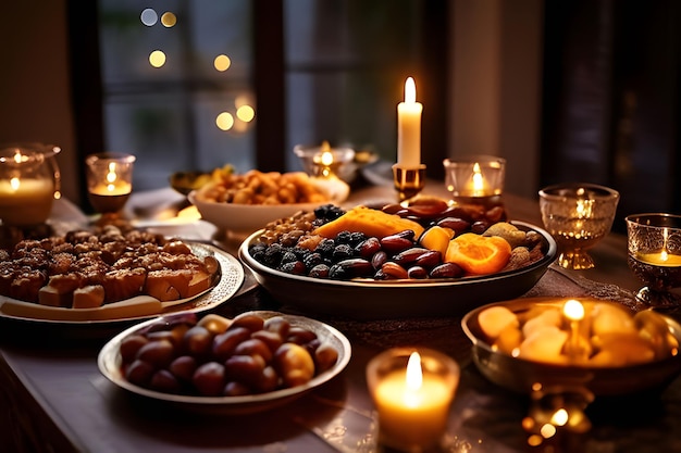 Ramadan Family Iftar A Beautifully Set Table with Dates and Traditional Delicacies Warm Candlelight