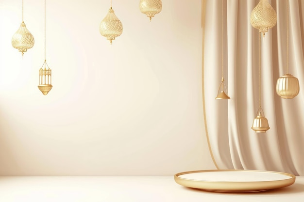 Ramadan Festival Golden Lantern and Empty White Plate on a Decorative Background