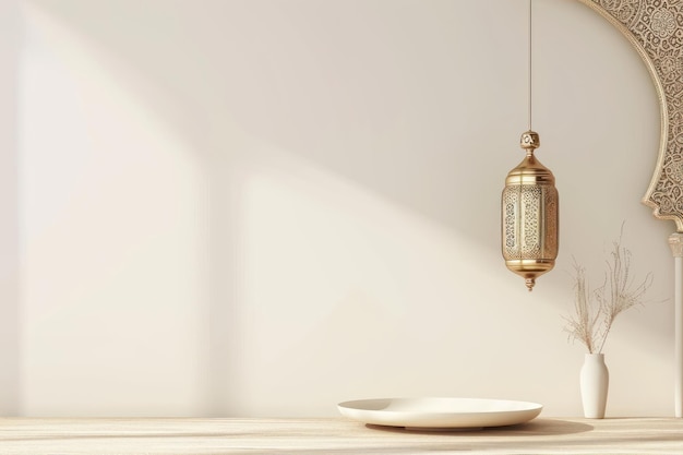 Ramadan Festival Golden Lantern and Empty White Plate on a Decorative Background