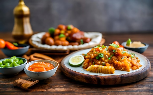 Ramadan food on dark wooden table with lamp