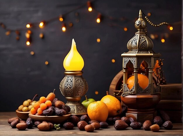 Ramadan food and drinks concept ramadan arabian lamp and dates fruit background Ai generative