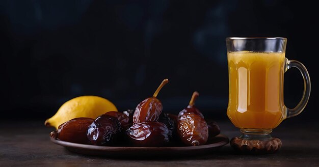 Ramadan food and drinks concept Ramadan dates fruits on dark background Generated with AI