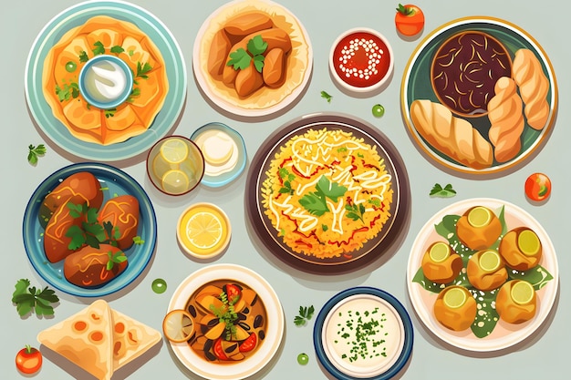 Ramadan Food Ramadan kareem mubarak and party eat food and drink dinner of muslim Flat design style