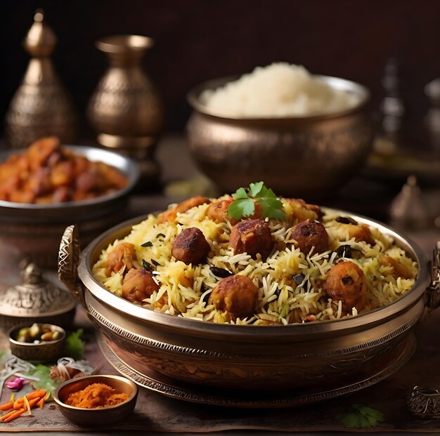 Ramadan food testy plate of food teamed basmati rice with chicken dish generated by ai