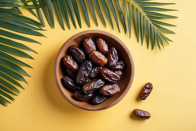 Ramadan Healthy food background with dates palm leaves and dried fruits for iftar photo background