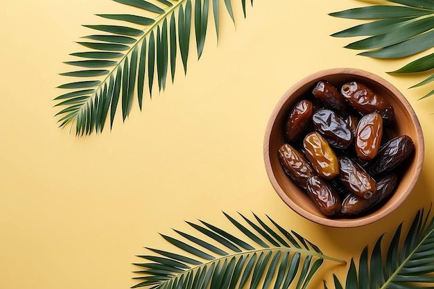 Ramadan Healthy food background with dates palm leaves and dried fruits for iftar photo background