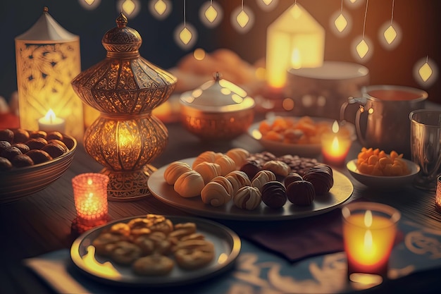 Ramadan iftars marks the end of fasting Table with dates Oriental food and sweets Eid mubarak