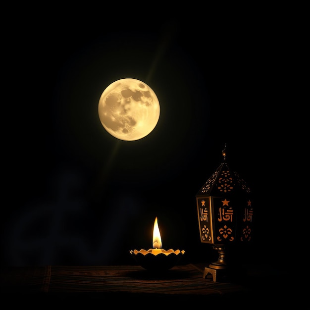 Photo ramadan image with lamp and moon in the dark high quality and high resolution