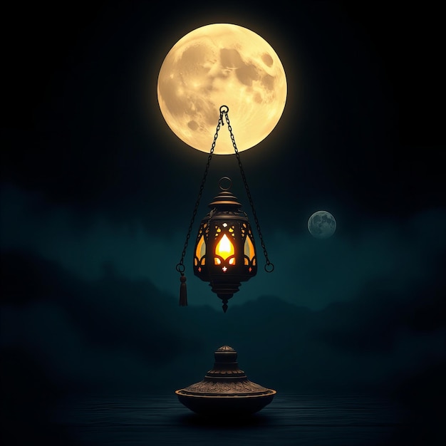 Photo ramadan image with lamp and moon in the dark high quality and high resolution