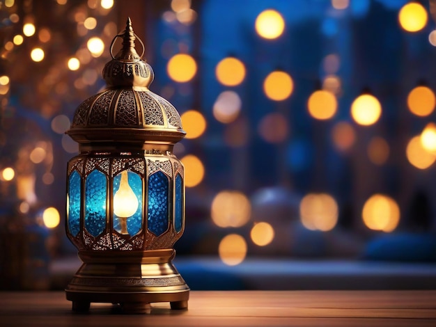 Ramadan islamic lamp in the evening with blur boken light background