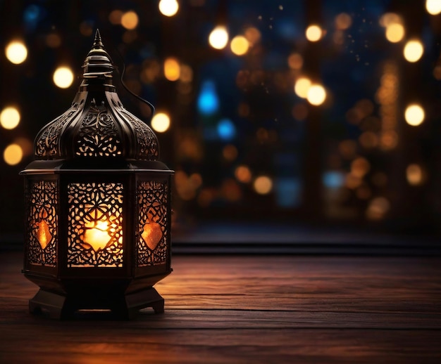 Ramadan islamic lamp in the evening with blur boken light background