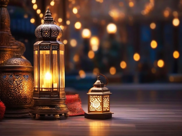 Ramadan islamic lamp in the evening with blur boken light background