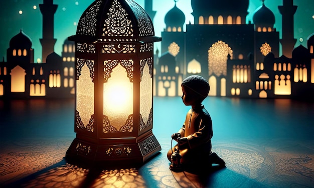 Ramadan Islamic with lanterns and child silhouettes