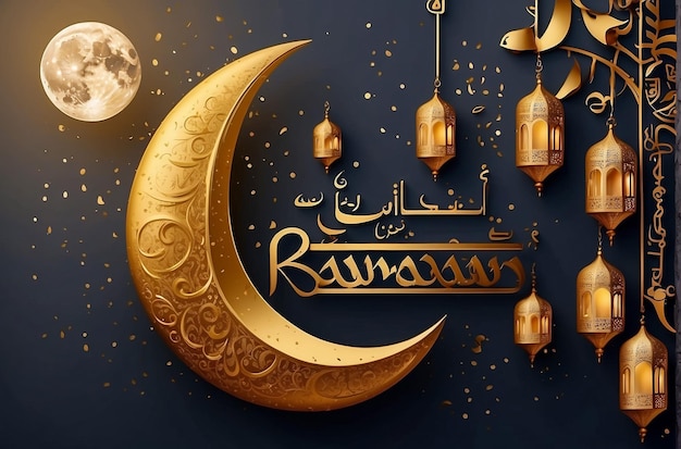 Ramadan Kareem Arabic calligraphy lettering with 3d podium scene crescent and lantern