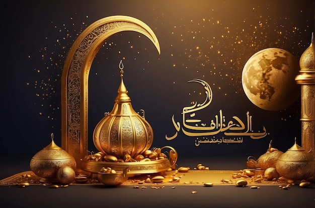 Ramadan Kareem Arabic calligraphy lettering with 3d podium scene crescent and lantern