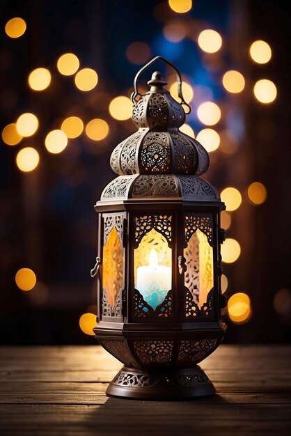 Ramadan Kareem Arabic lantern with burning candle and bokeh lights in background Ai generative